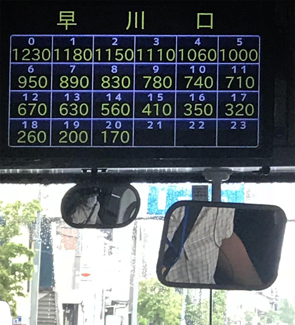 A photograph of a monitor at the front of a bus displaying pricing